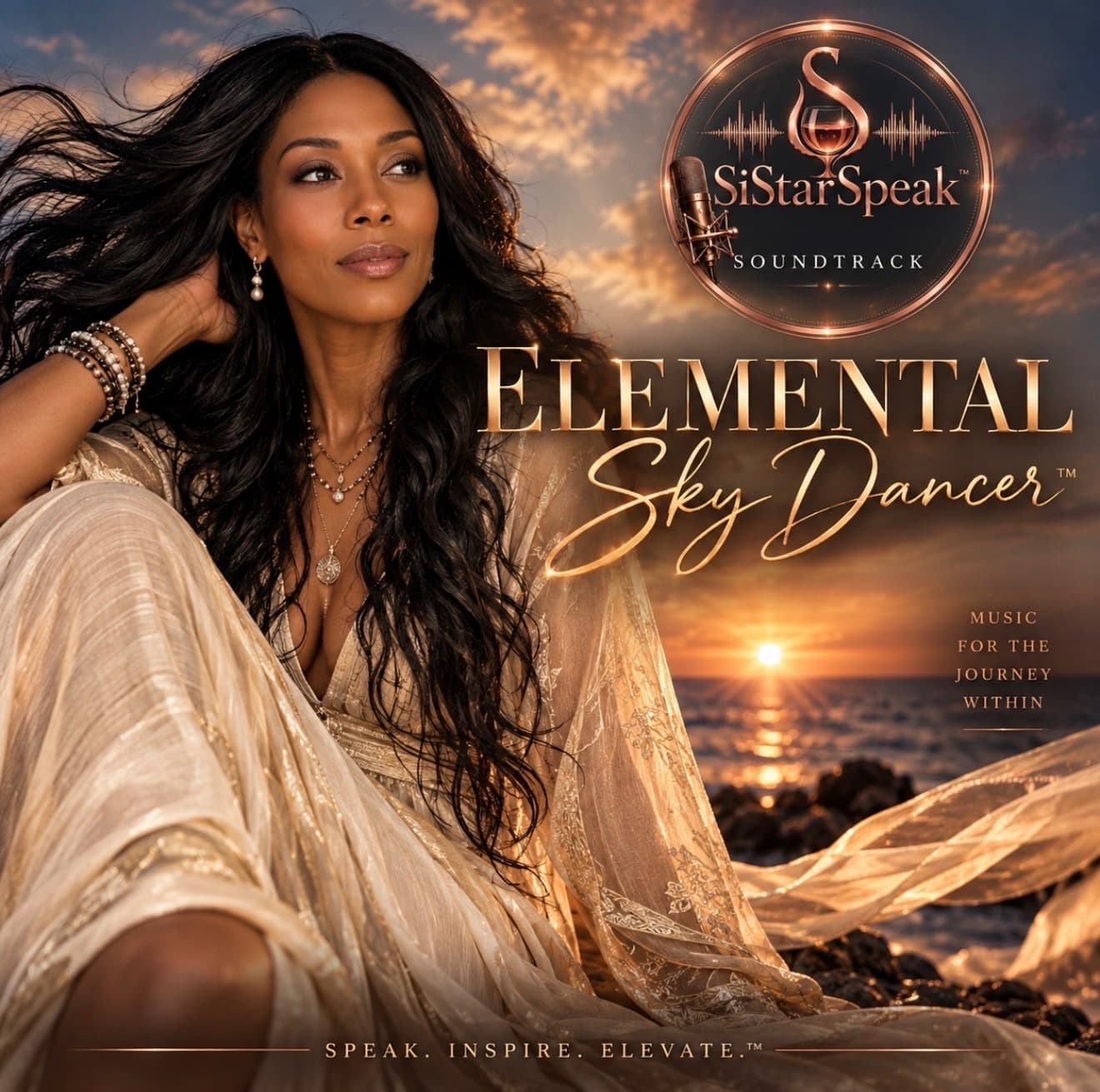 Elemental Sky Dancer album cover: J. Rich in a flowing gold dress on a rocky shore at sunset