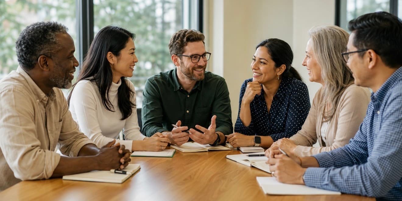A small group in conversation around a table with workbooks