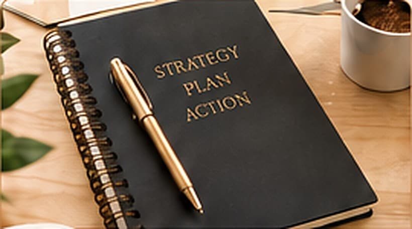 A strategy, plan, action notebook and gold pen on a desk