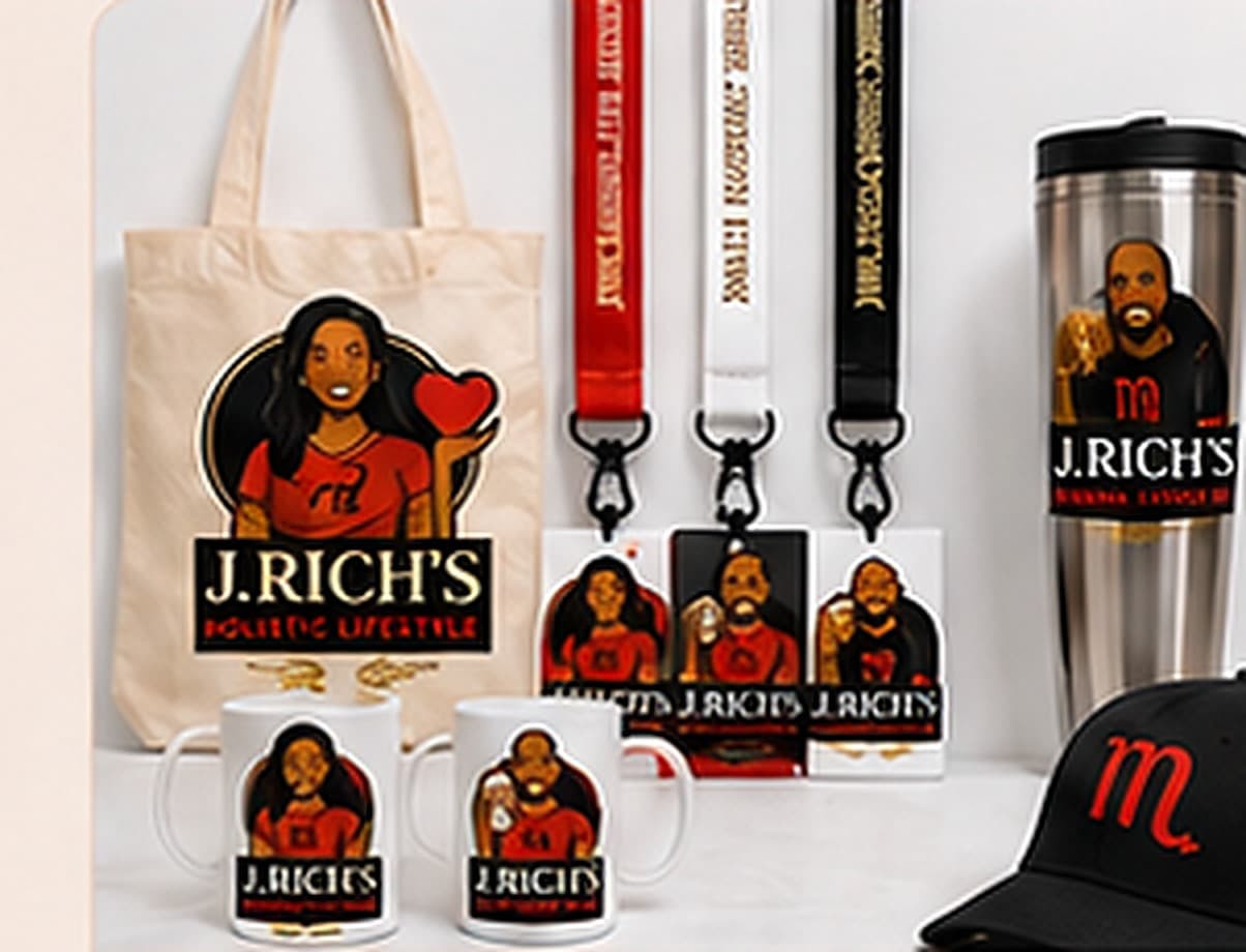Tote bag, lanyards, tumbler, mugs, cap, and phone grip in the J. Rich's Holistic Lifestyle design