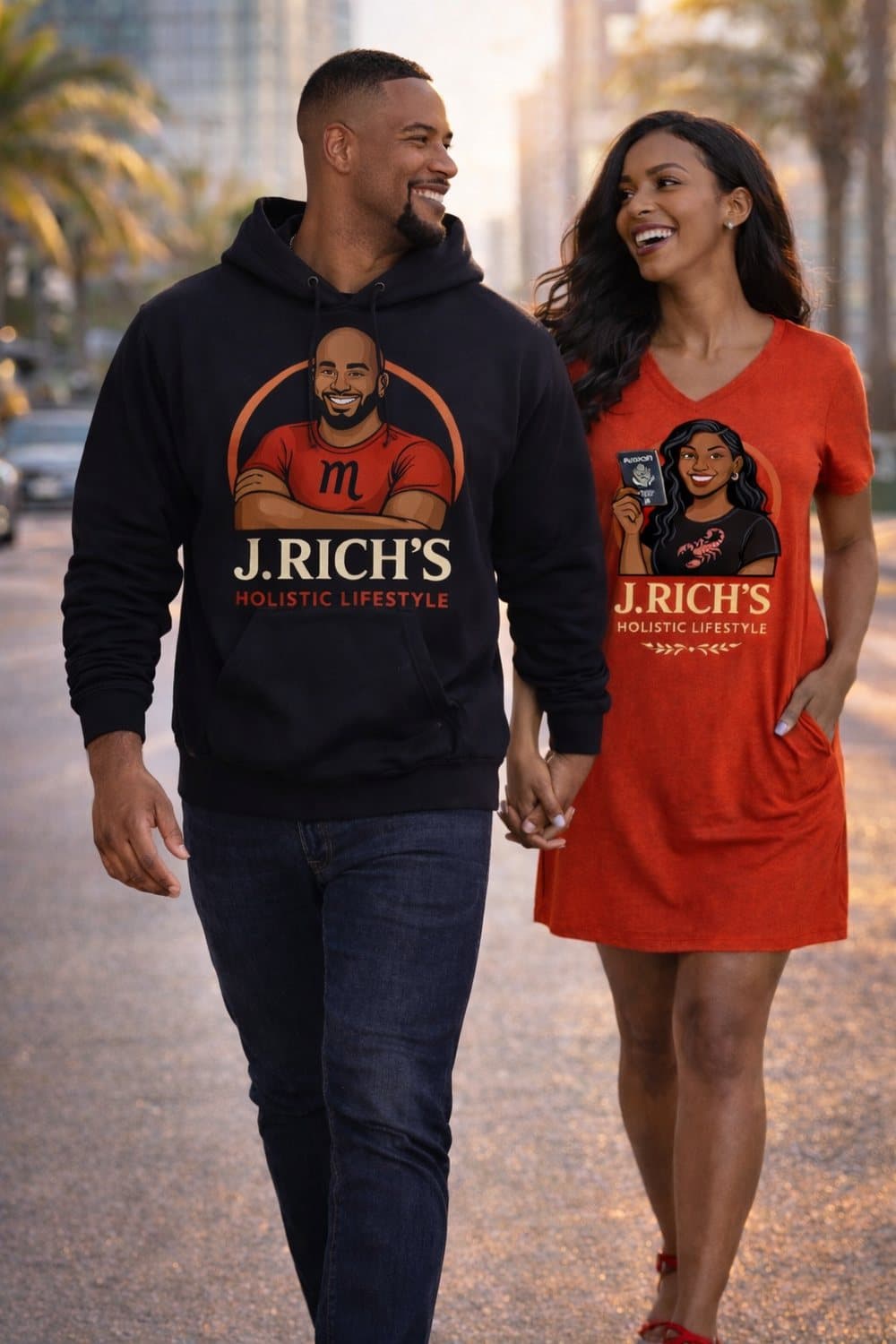 A couple walking together wearing the J. Rich's Holistic Lifestyle hoodie and tee dress