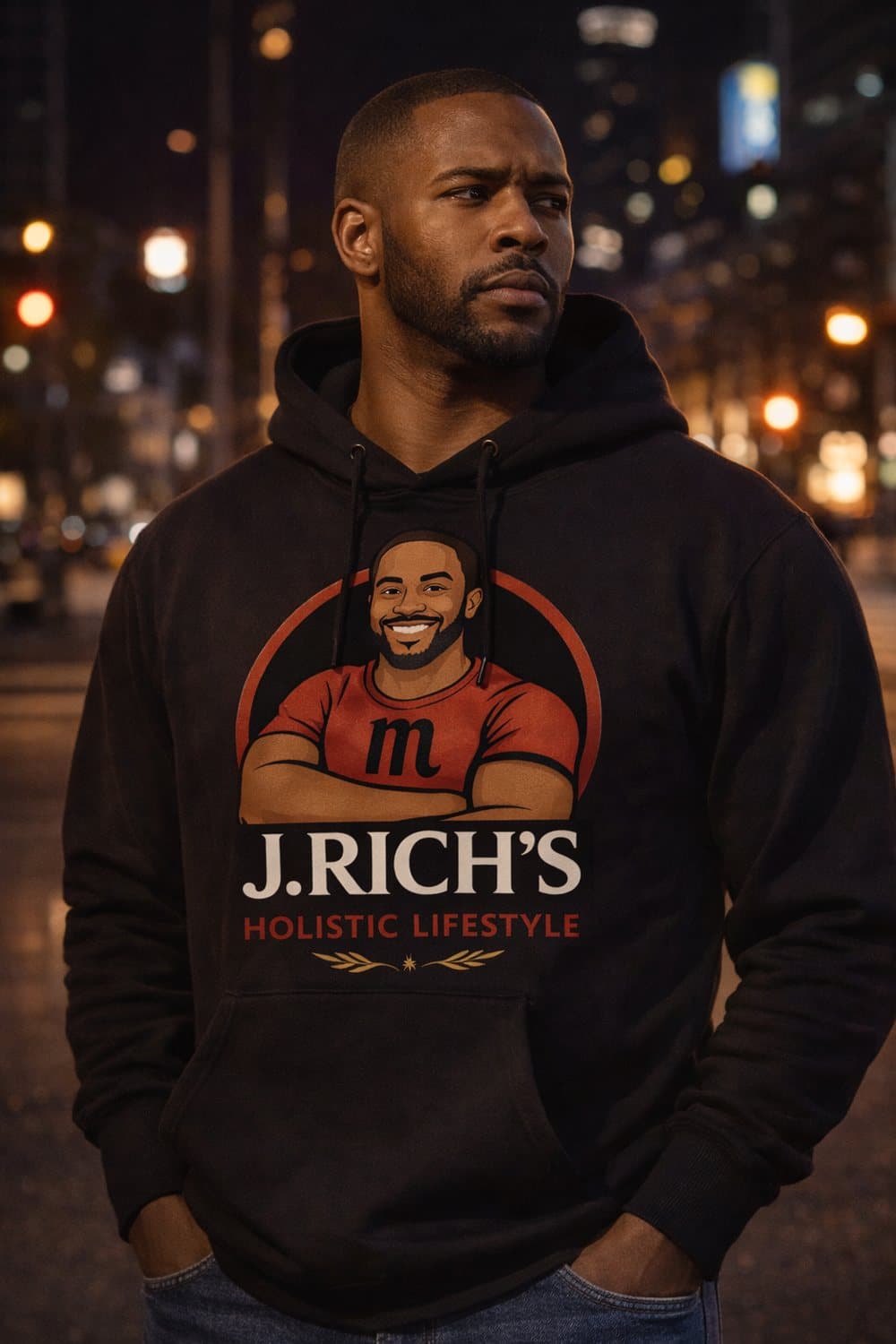 Man wearing a black J. Rich's Holistic Lifestyle hoodie on a city street at night