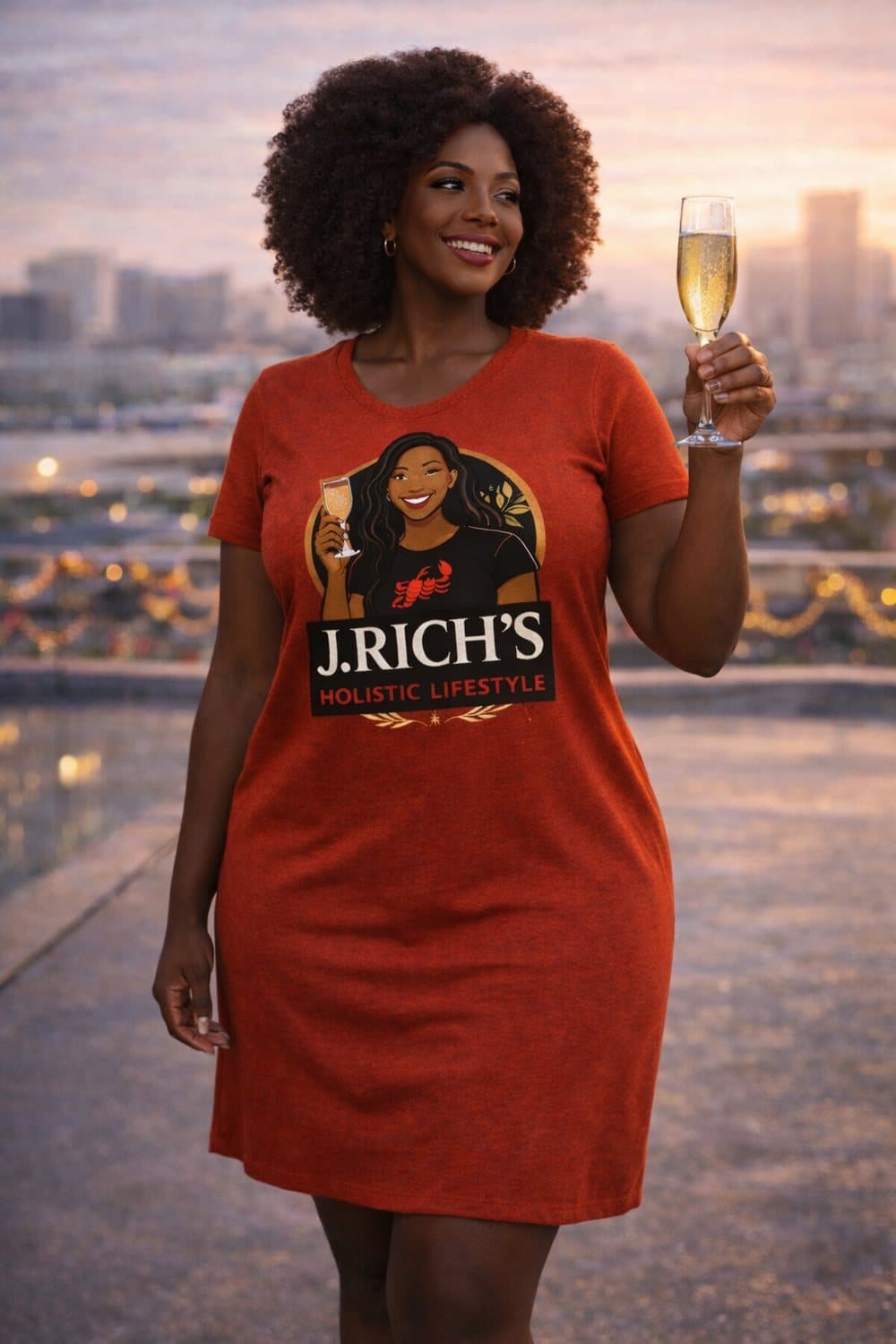 Woman wearing a rust J. Rich's Holistic Lifestyle tee dress with a Scorpio sign design